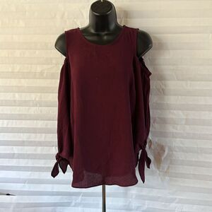 Moa Moa Women's Burgundy Blouse Size Large Cold Shoulder Long Sleeve Top
